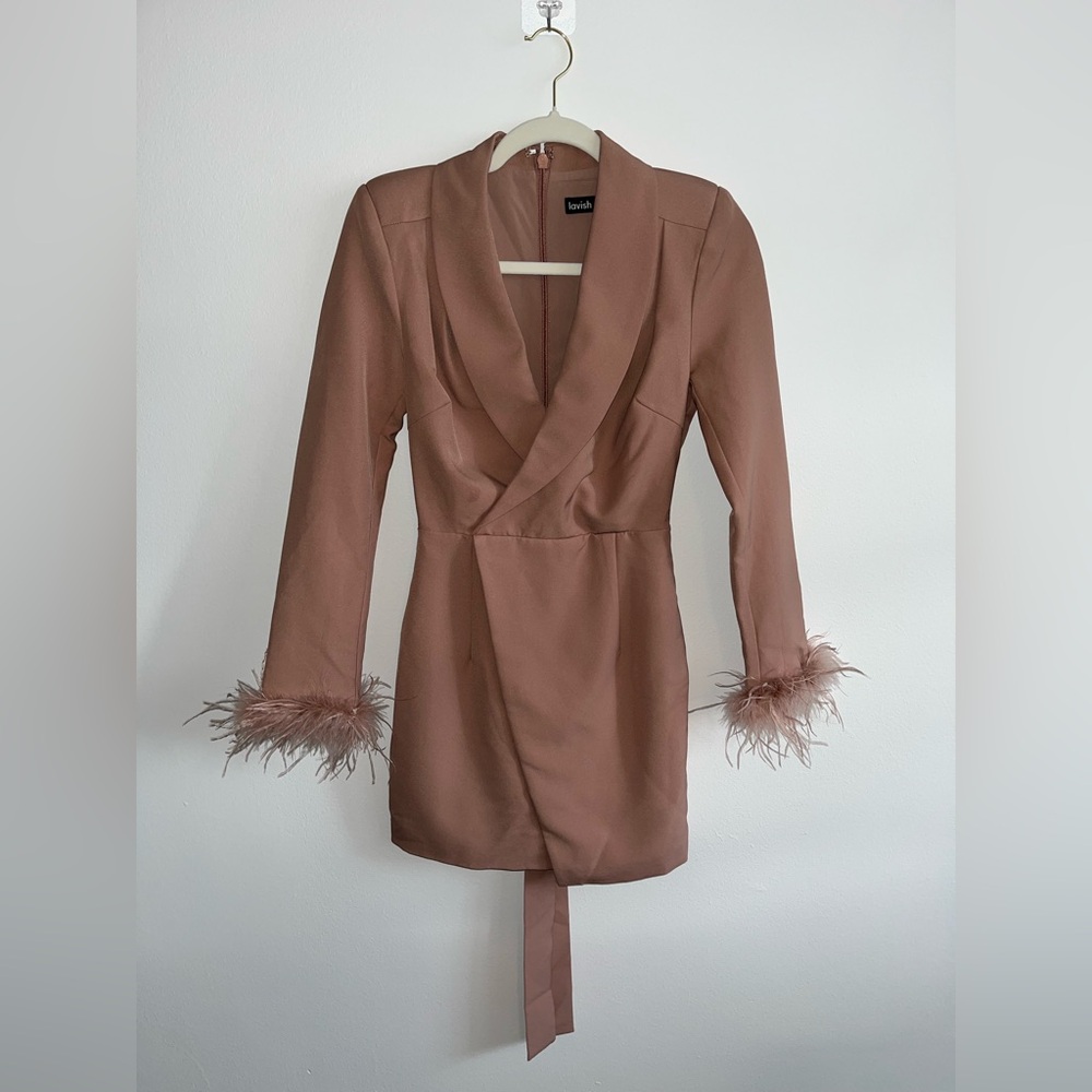 Lavish Alice Brown Long Sleeve Dress with Feather Cuffs